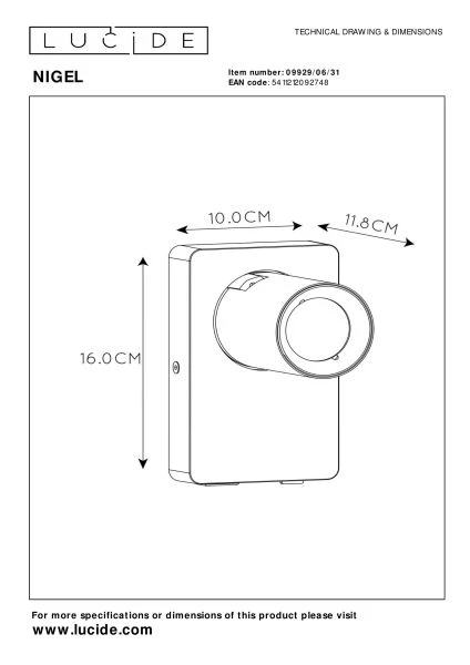 Lucide NIGEL - Bettlampe / Wandleuchte - LED Dim. - GU10 - 1x5W 2200K/3000K - Mit USB-Ladepunkt - Weiß - TECHNISCH